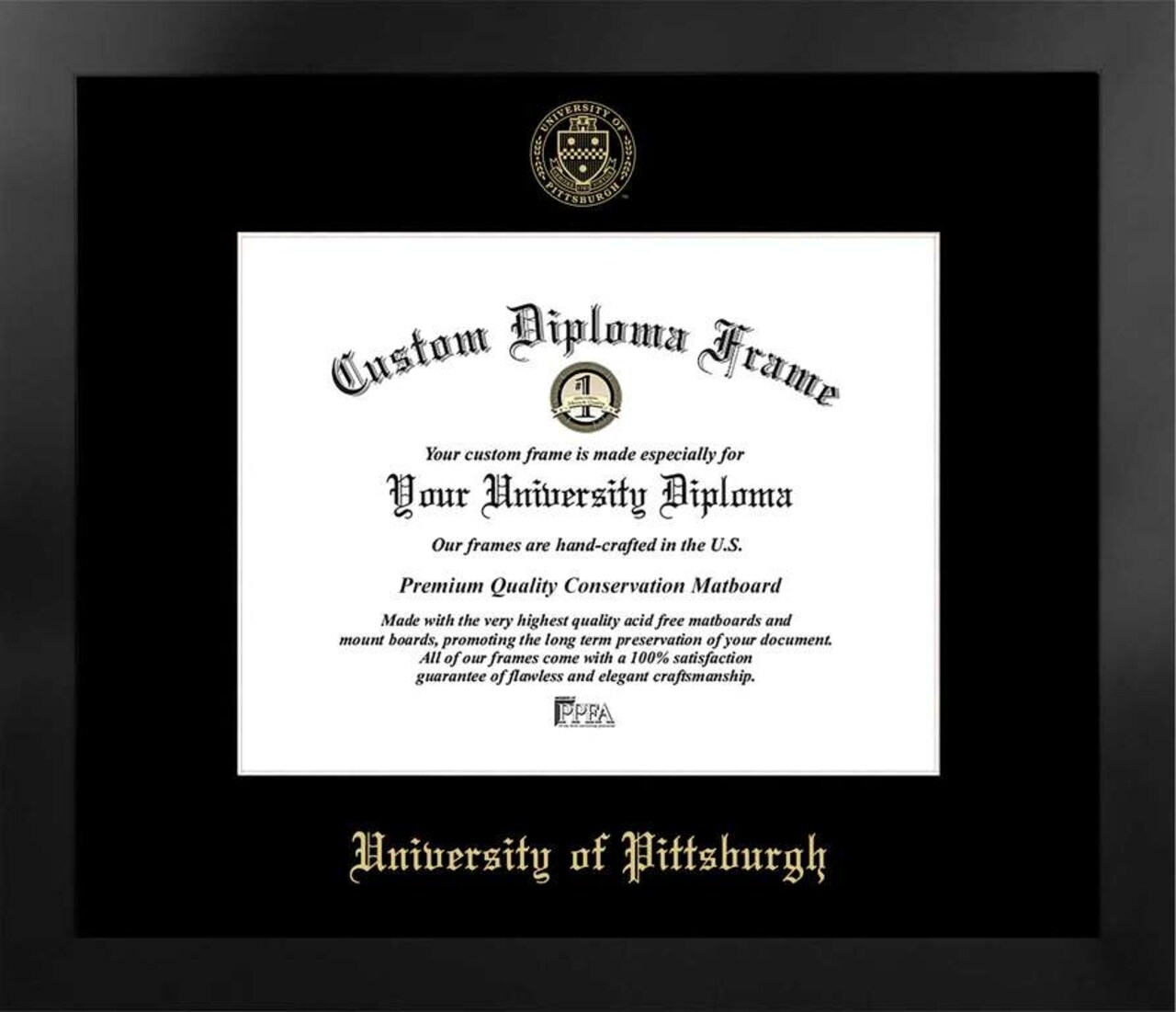 University of Pittsburgh 11w x 8.5h Manhattan Black Single Mat Gold Embossed Diploma Frame with Bonus Campus Images Lithograph (value savings at $59)